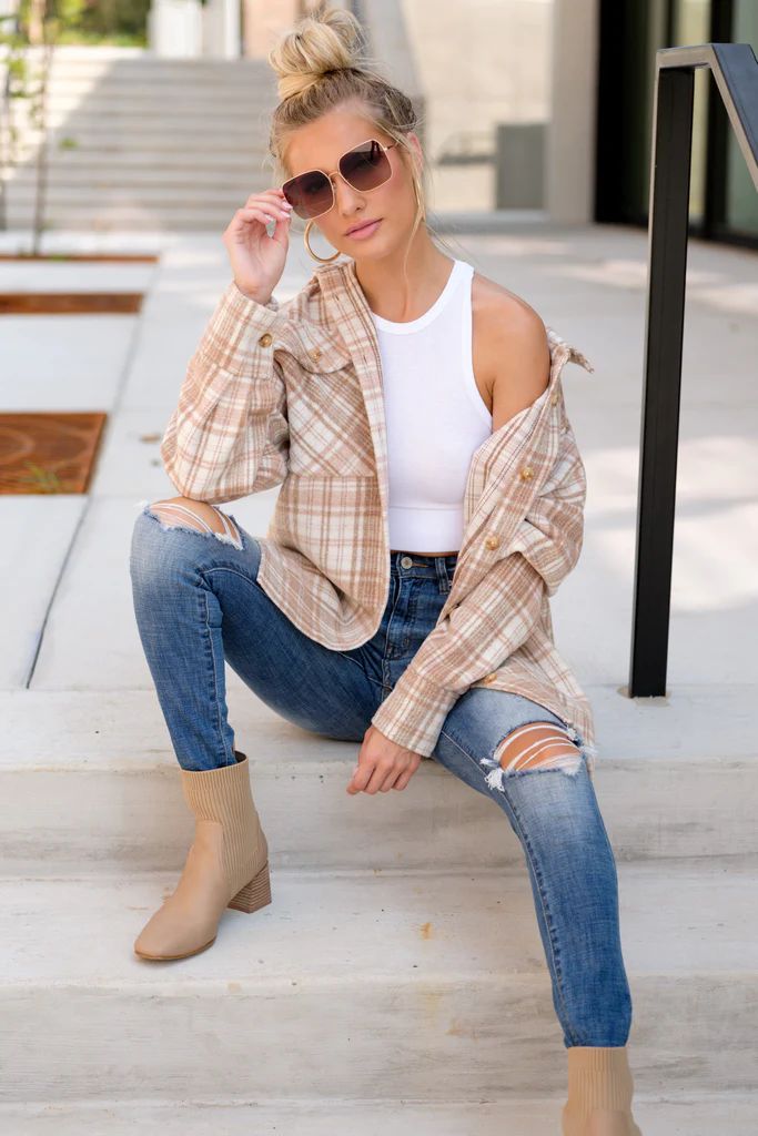 Casually Cozy Camel Multi Plaid Shacket | Red Dress 