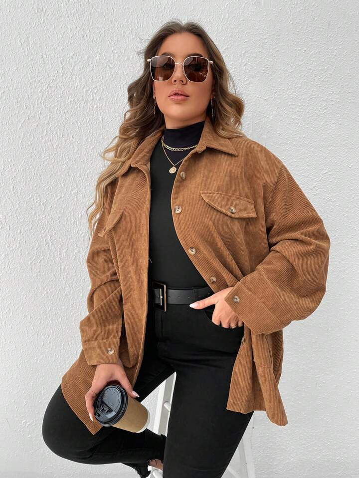 SHEIN LUNE Plus Drop Shoulder Corduroy Coat | SHEIN