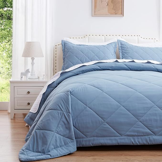 SunStyle Home Queen/Full Quilt Set Lightweight Blue Comforter Set Diamond Pattern All Season 3 Pi... | Amazon (US)