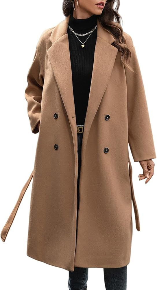 WOWULOVELY Women's Winter Double Breasted Wool Coat Long Sleeve Notched Collar Trench Long Oversi... | Amazon (US)
