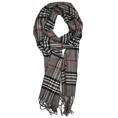 Soft Plaid Check Winter Scarf Warm Oblong 12"x72" Fringe Unisex Charcoal By DG Wear | Walmart (US)