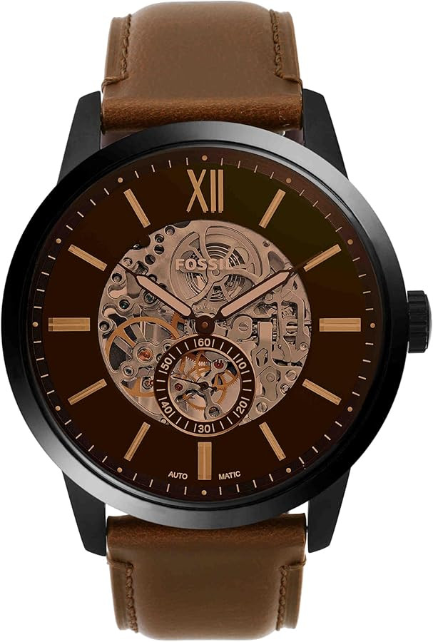 Fossil Men's Townsman Automatic Stainless Steel and Leather Two-Hand Skeleton Watch | Amazon (US)