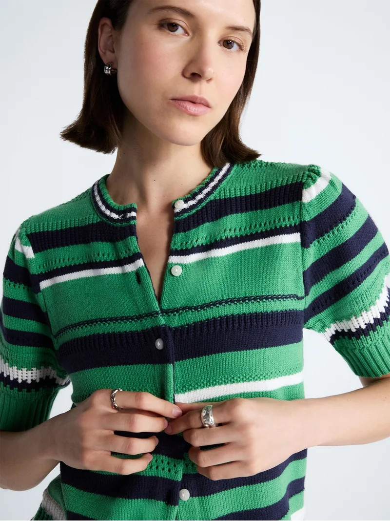 Free Assembly Women's Textured Stripe Cardigan Sweater with Short Puff Sleeves, Lightweight, Size... | Walmart (US)