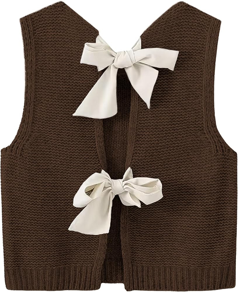 Lianlive Sweater Vest Top for Women Casual Crop Knit Cardigan Vest Bow Tie Back Knitted Tank Tops | Amazon (US)