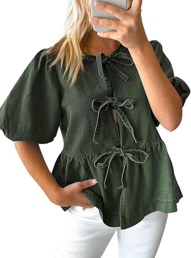 Tankaneo Blusas de verano para mujer, de mezclilla, con lazo en el frente, estilo babydoll, manga... | Amazon (US)