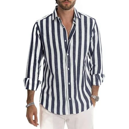 Dokotoo Men s Navy Blue Button Down Shirts Striped Print Blouse Long Sleeve Fashion Casual Shirt US  | Walmart (US)