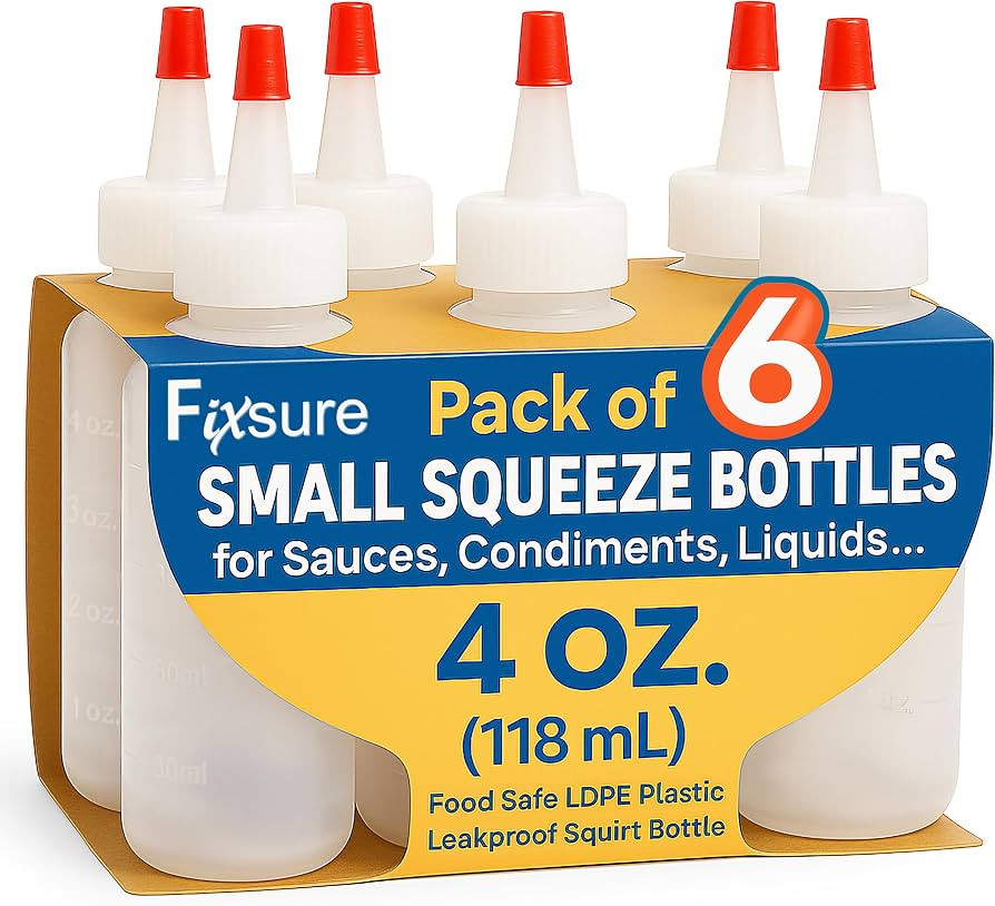 FIXSURE Plastic Squeeze Bottles with Red Tip Cap, 4 Oz Squirt Bottle For Ketchup, BBQ, Sauces, Sy... | Amazon (US)