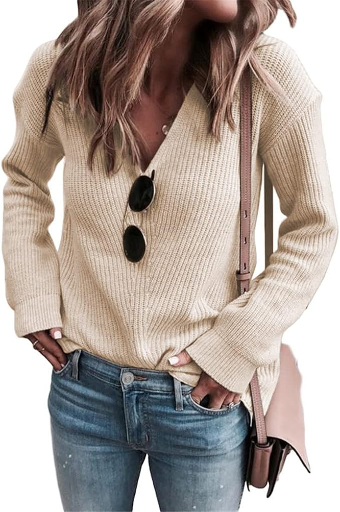 Koinshha Womens Sexy V Neck Long Sleeve Cable Knit Warm Sweaters Cozy Casual Loose Pullover Sweat... | Amazon (US)
