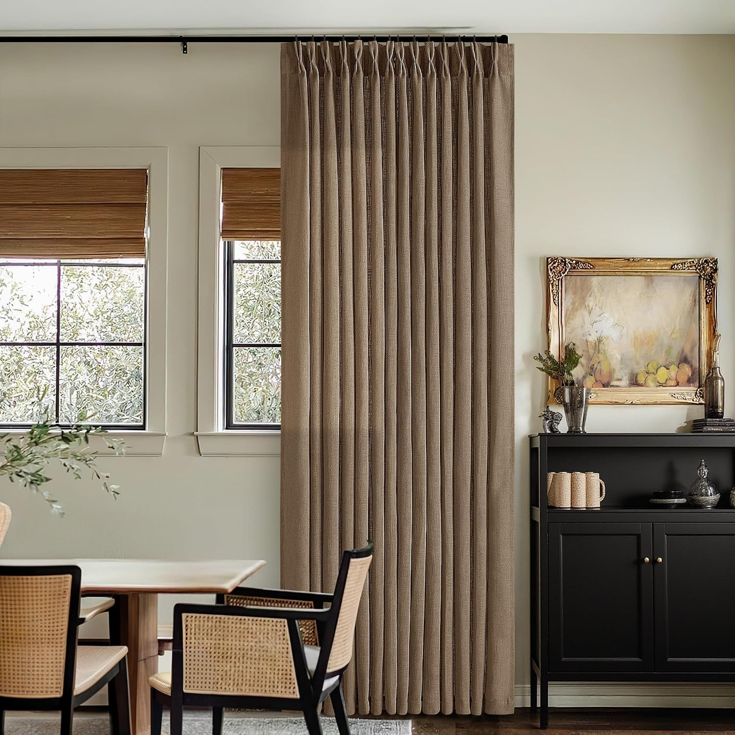Dark Brown Linen Semi Sheer Pinch Pleated Curtains 108 Inches Long 2 Panels | Amazon (US)