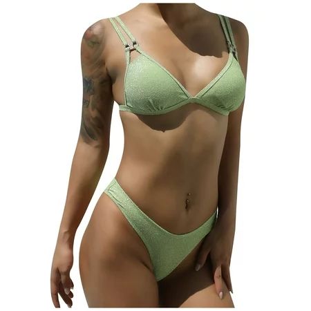 Solid Color Sparkle Bikini Set Strappy Bathing Suits for Women High Cut Thong Bikini | Walmart (US)