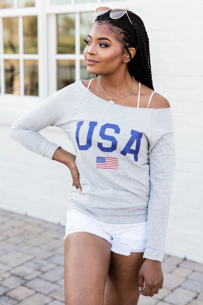 Athletic USA Flag Grey Graphic Slouchy Sweatshirt | The Pink Lily Boutique