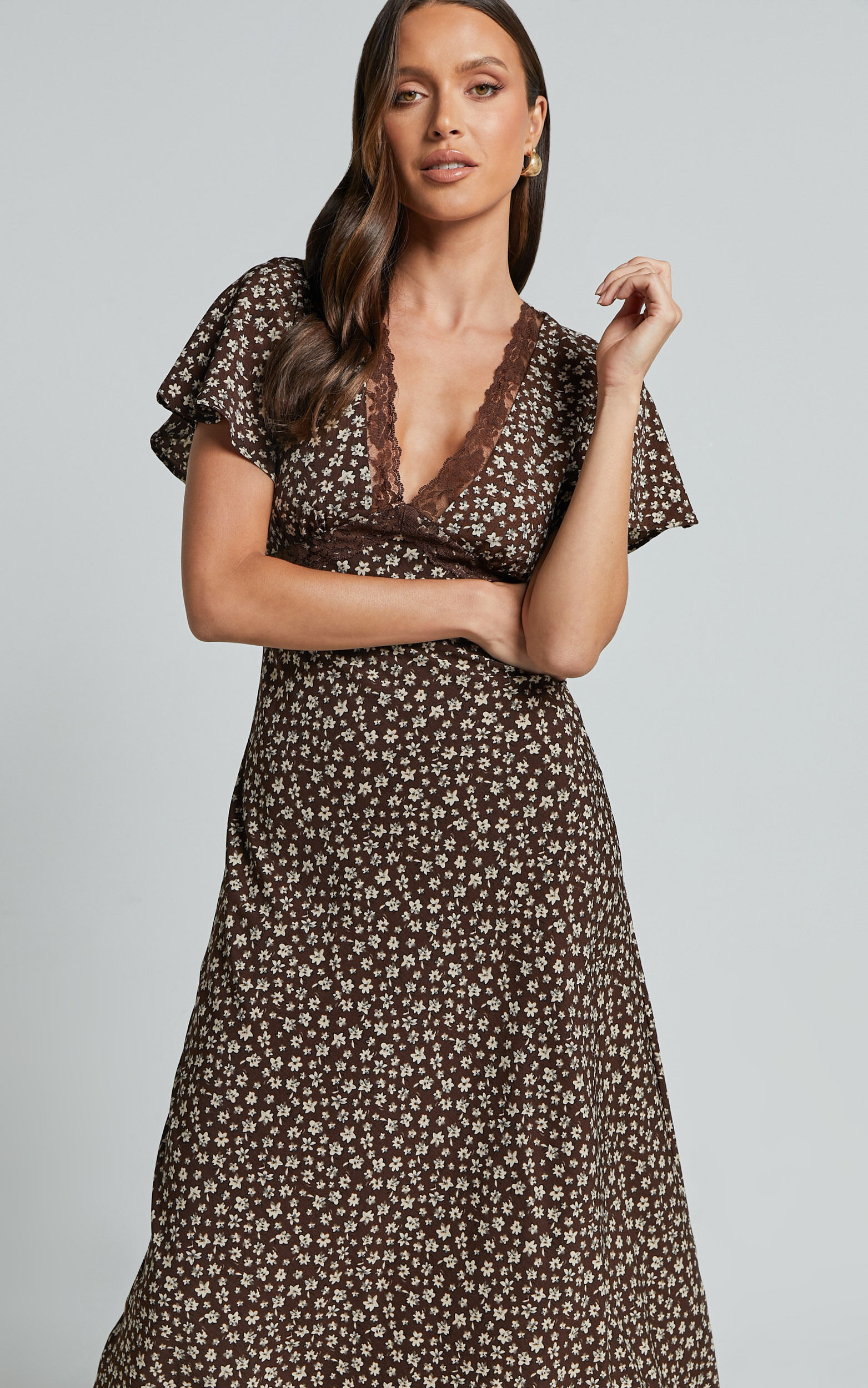 Vanya Midi Dress - V Neck Short Sleeve Lace Trim Tie Back Slip Dress in Chocolate Floral | Showpo (US, UK & Europe)