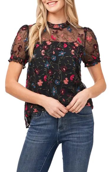CeCe Embroidered Floral Puff Sleeve Blouse | Nordstrom