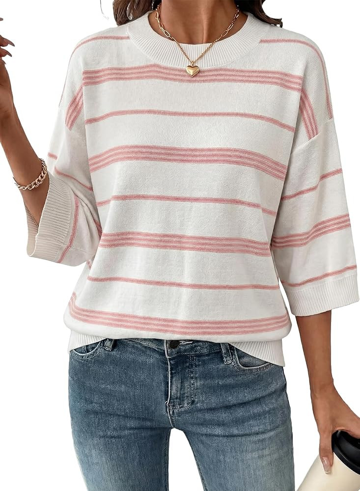 Dokotoo Womens Sweaters Oversized 3/4 Sleeve Striped Lightweight Knit Tops | Amazon (US)