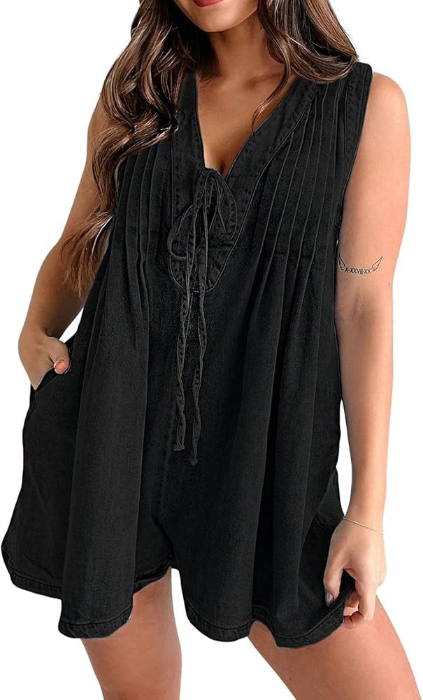 loveimgs Women Cute Denim Romper Shorts Overall Dress Sleeveless V Neck Ruffle Jean Jumpsuit Jump... | Amazon (US)