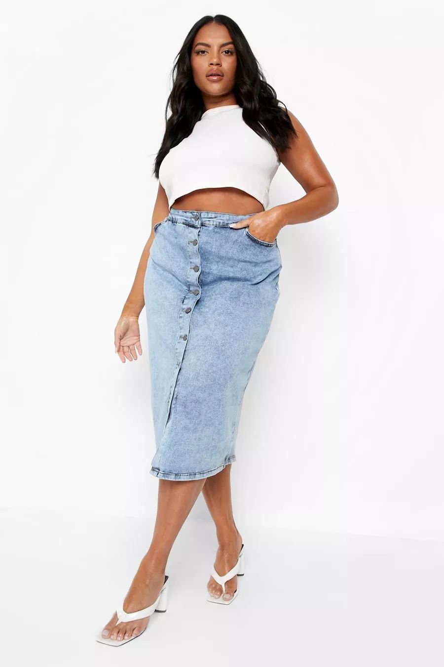 Plus Acid Wash Button Down Midi Skirt | Boohoo.com (US & CA)