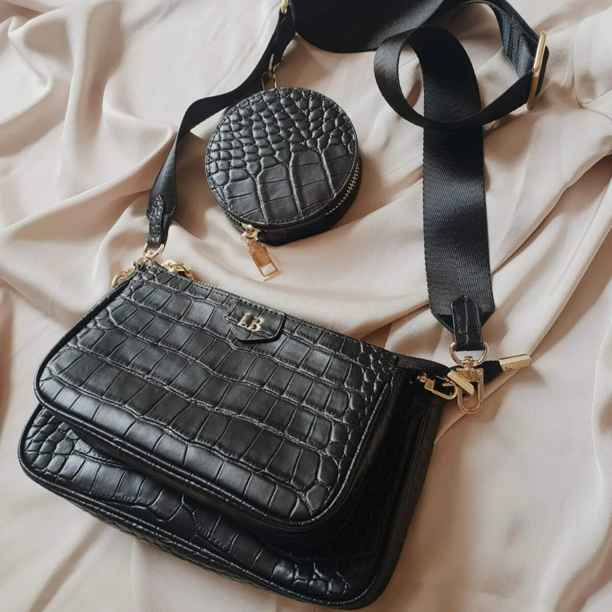 'Trento'  Black Leather Croc Crossbody Bag | Azurina