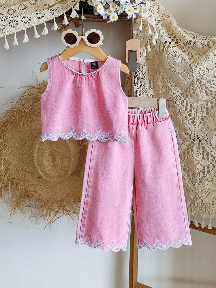 SHEIN Vintaside Kids Baby Girl Fashion Hem Embroidery Sleeveless Top And Pants Set | SHEIN