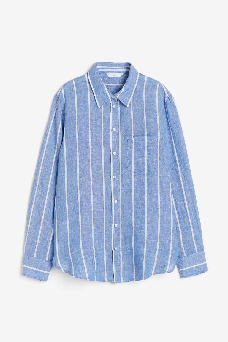 Linen shirt - Long sleeve - Regular length - Blue/White striped - Ladies | H&M GB | H&M (UK, MY, IN, SG, PH, TW, HK)