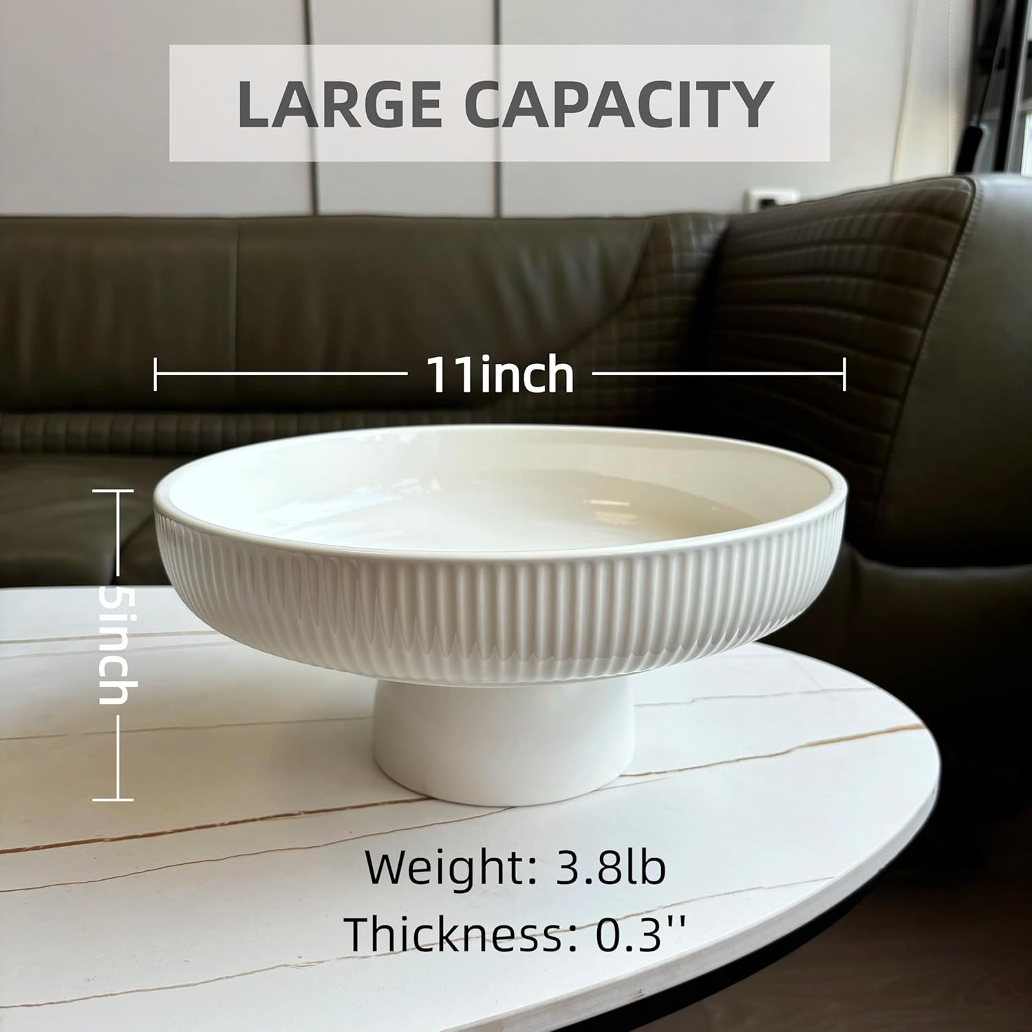 Ceramic Fruit Bowl,11" Decorative Bowl, Large Fruit Bowl for Kitchen Counter, Pedestal Bowl, Kitchen Counter Décor, Bread Candy Snacks Organizer, White (5.3 lbs, 68oz) | Amazon (US)