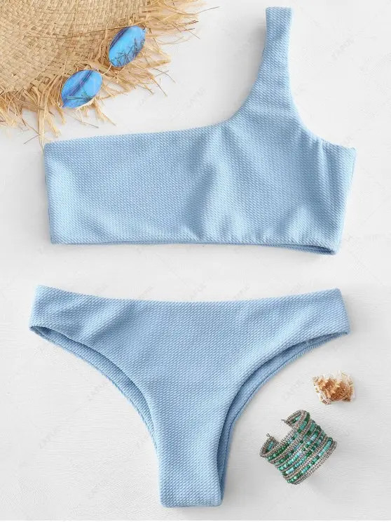 Textured One Shoulder Bikini   LIGHT BLUE RED WINE RUBBER DUCKY YELLOW | Zaful UK