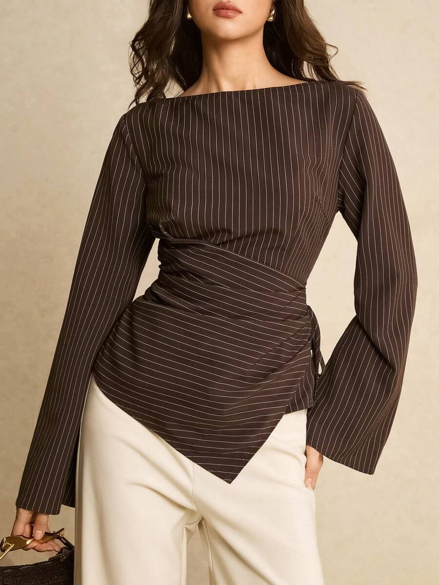 Women's Casual/Office Commute Striped Print Boat Neck Flare Sleeve Ruched Side Tie Fitted Blouse,... | SHEIN