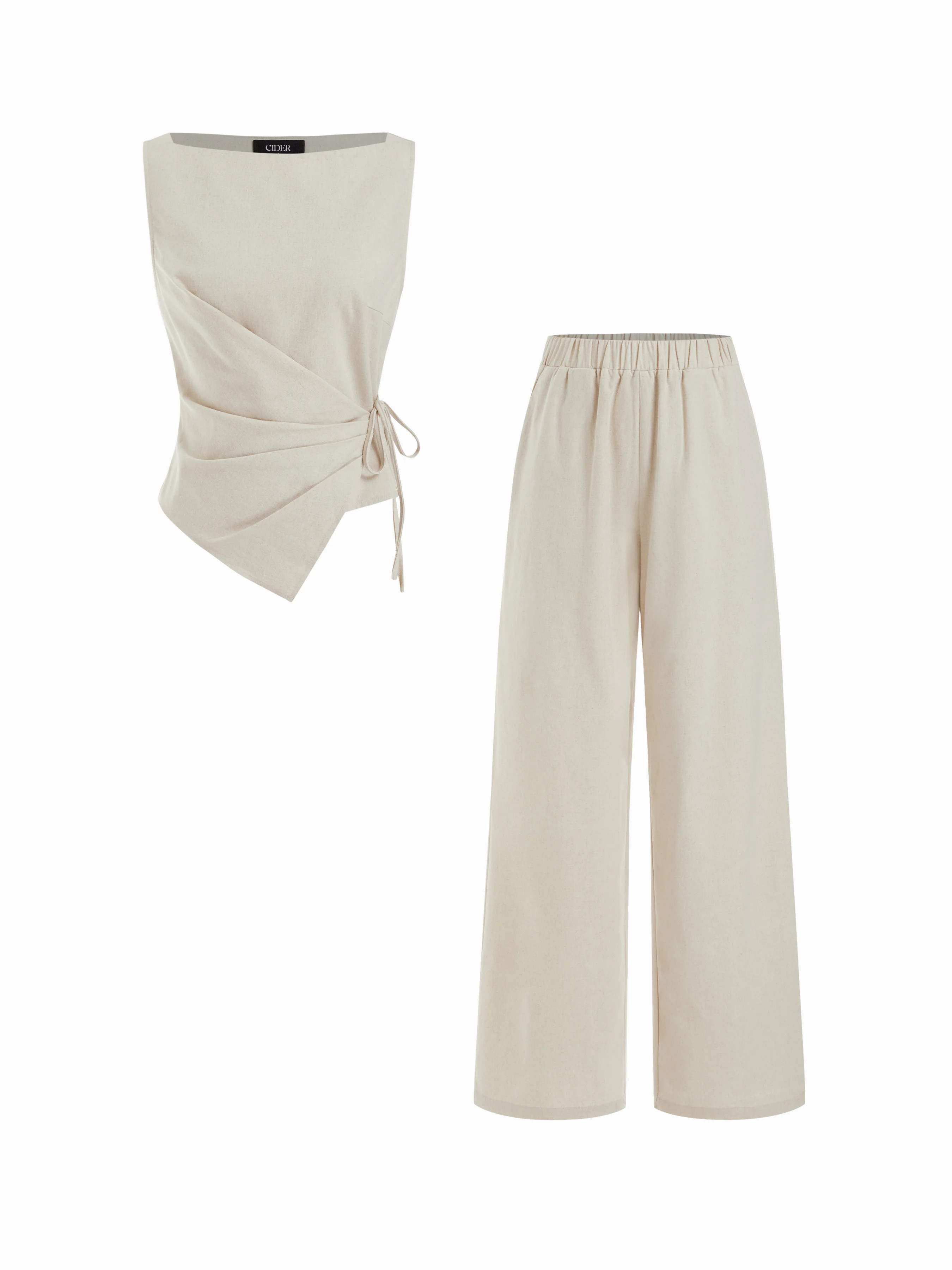 Linen-blend Boat Neck Wrap Tie Top & Mid Rise Capri Trousers Set | Cider