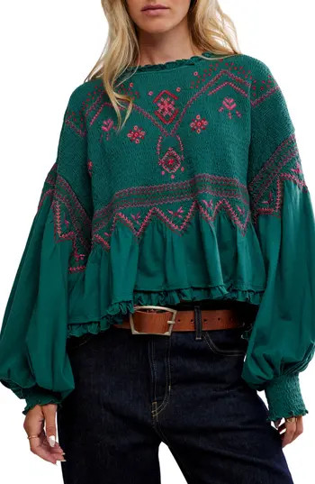 Free People Holly Smocked Embroidered Top in Green Combo at Nordstrom Rack, Size Medium | Nordstrom Rack