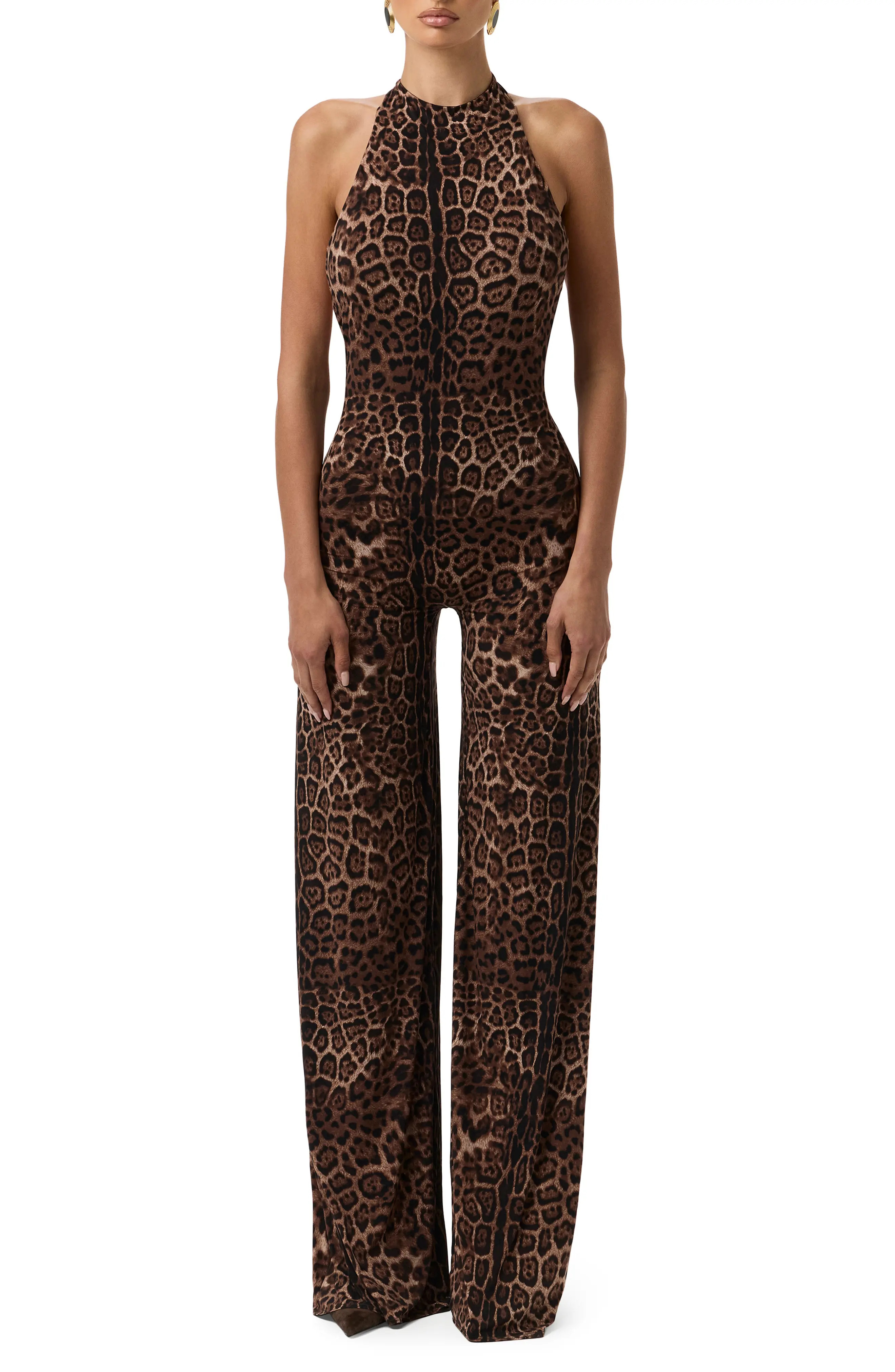 Naked Wardrobe Leopard Print Wide Leg Halter Jumpsuit at Nordstrom, Size Large | Nordstrom