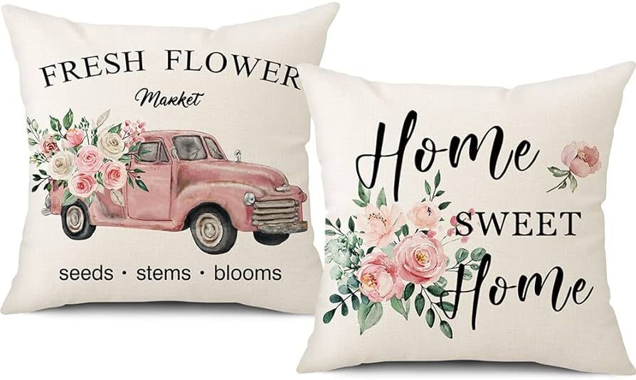 Spring Pillow Covers 18x18 Inch Set of 2 Fresh Flower Pink Truck Farmhouse Linen Throw Pillow Cov... | Amazon (US)