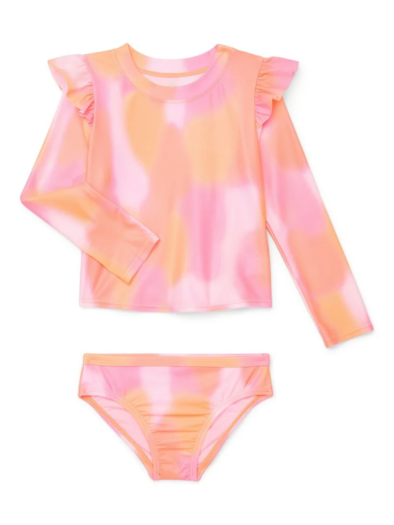 Wonder Nation Baby and Toddler Girls Long Sleeve Rashguard and Bottoms Swim Set, 2-Piece, Size 12... | Walmart (US)