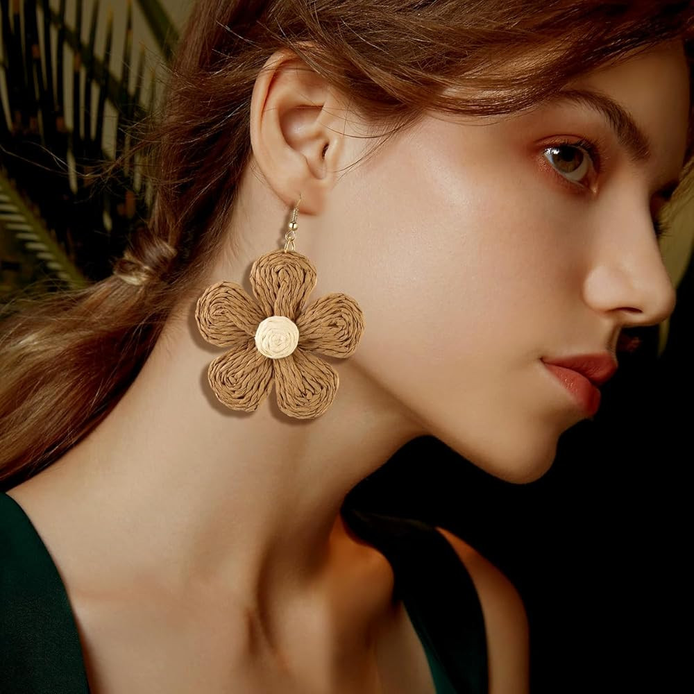 Handmade Raffia Hoop Earrings Statement Tropical Bohemian Straw Dangle Earrings Natural Rattan Va... | Amazon (US)