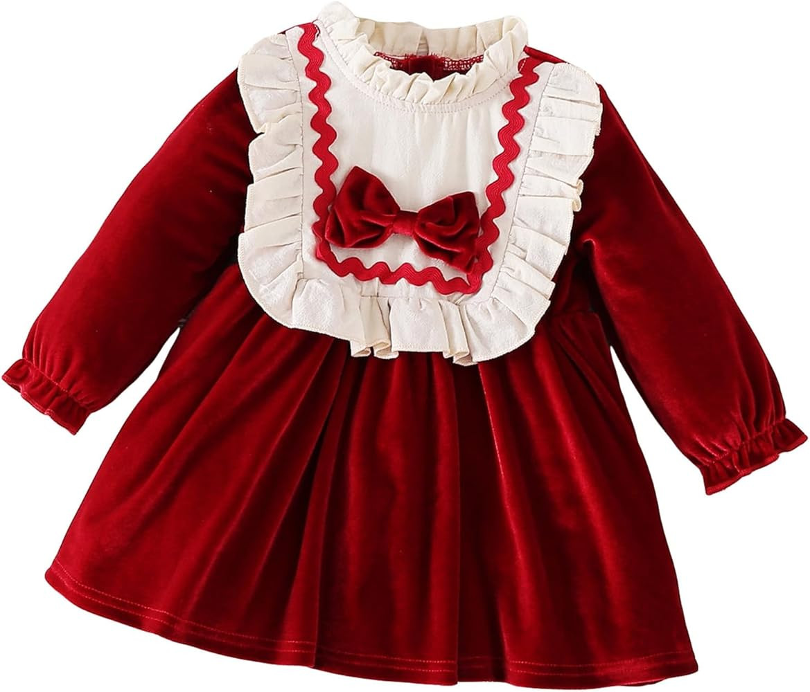 Infant Toddler Girl Christmas Outfits Long Sleeve Dress Patchwork Ruffled Neck Vintage Dress Velv... | Amazon (US)