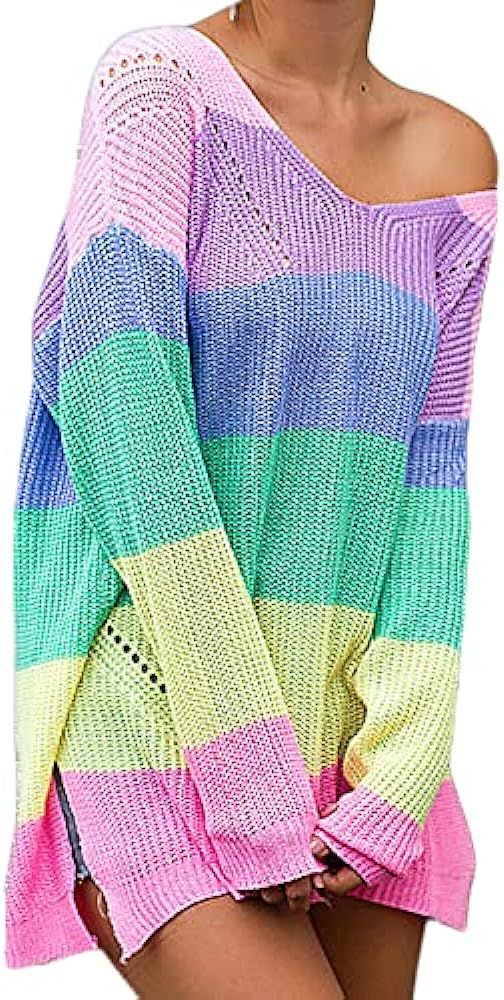 Women Oblique Shoulder Long Sleeve Sweater Top Loose Rainbow Patchwork Jumper Fashion Crochet Kni... | Amazon (US)