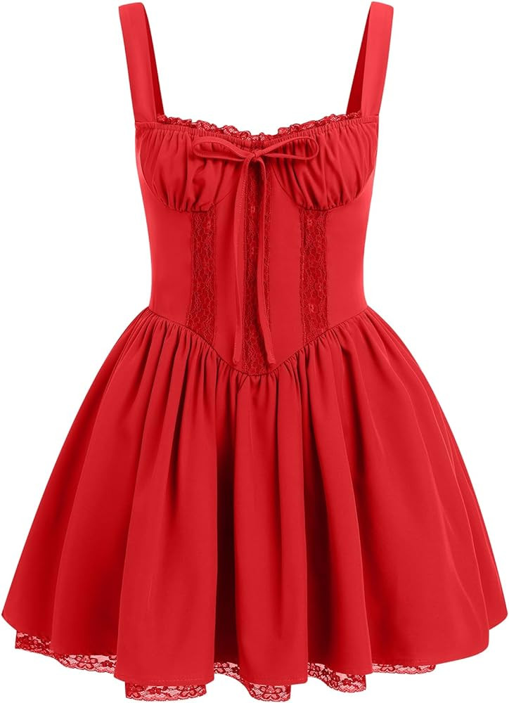 ABAFIP Women's Corset Mini Dress Spaghetti Straps Backless Lace up Low Cut Ruffle Short Dress Sun... | Amazon (US)