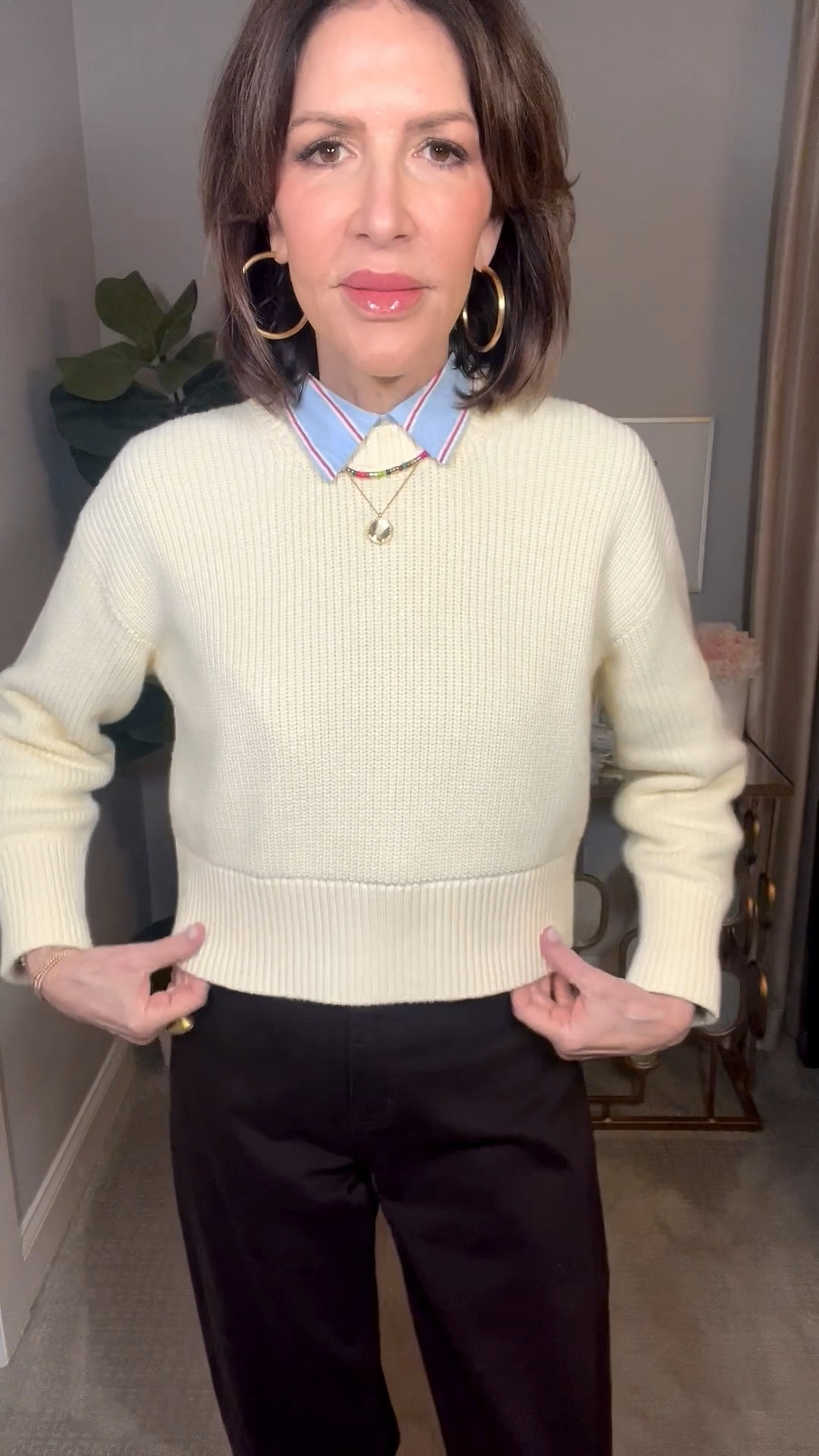 butter yellow sweater, gold hoop earrings, gold necklace, beaded necklace, brown wide leg pants, over 50 outfits 

#LTKootd #LTKSeasonal #LTKOver40