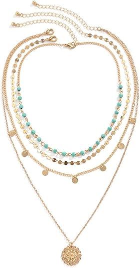 Boho Choker Women Necklace Gold Turquoise Coin Pendant Layered Necklaces Chain Glitter Bohemia Se... | Amazon (US)