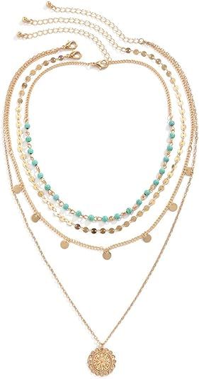 Boho Choker Women Necklace Gold Turquoise Coin Pendant Layered Necklaces Chain Glitter Bohemia Se... | Amazon (US)