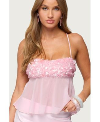 Edikted Women's Vella Sequin Sheer Chiffon Top - Pink | Macy's