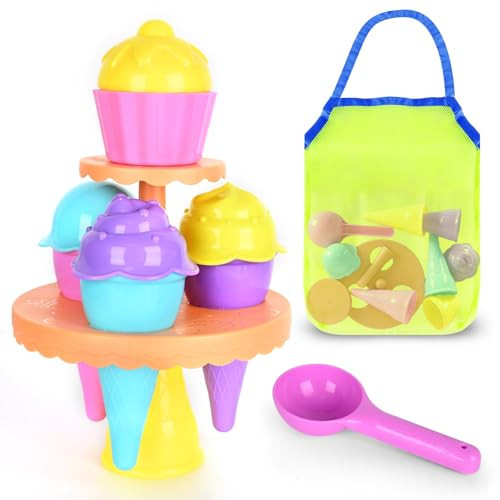 SupMLC Beach Toys Ice Cream Sand Toys - Toddlers Beach Essentials for Kids Girls Boys, Sand Molds, Shovels with Collapsible Mesh Bag, Travel Sandbox Toys for Beach, Party, Indoor Outdoor | Amazon (US)