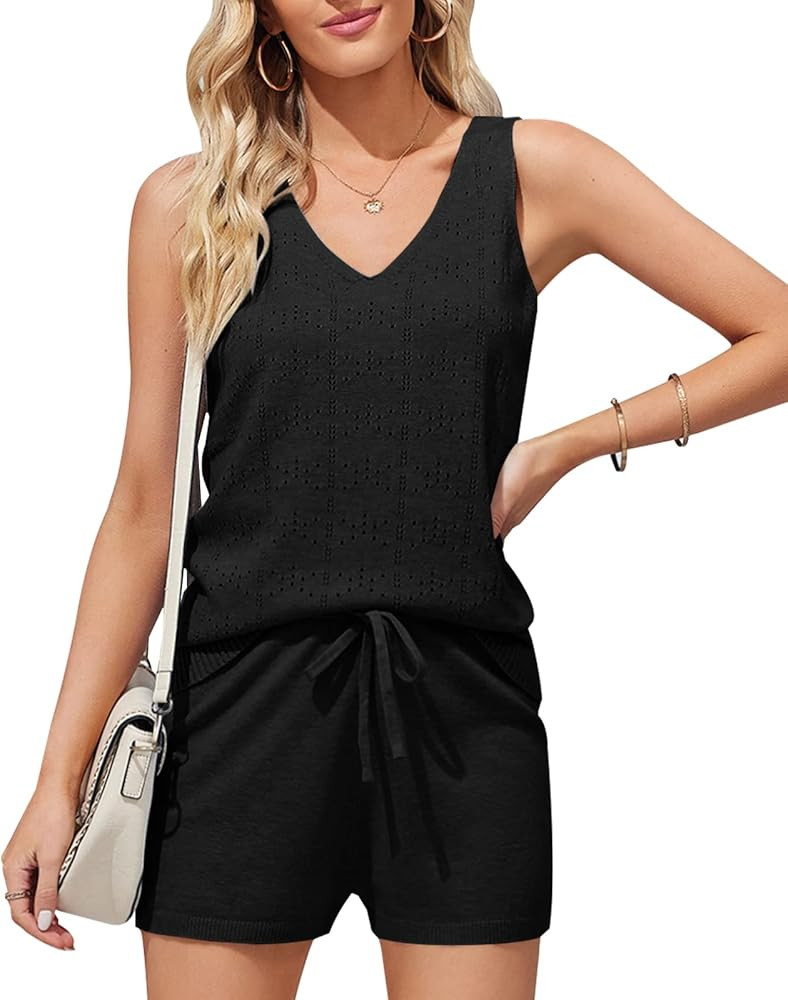 Foshow Summer Two Piece Outfits for Women Sleeveless V Neck Dot Tank Top and Tie Waisted Shorts S... | Amazon (US)