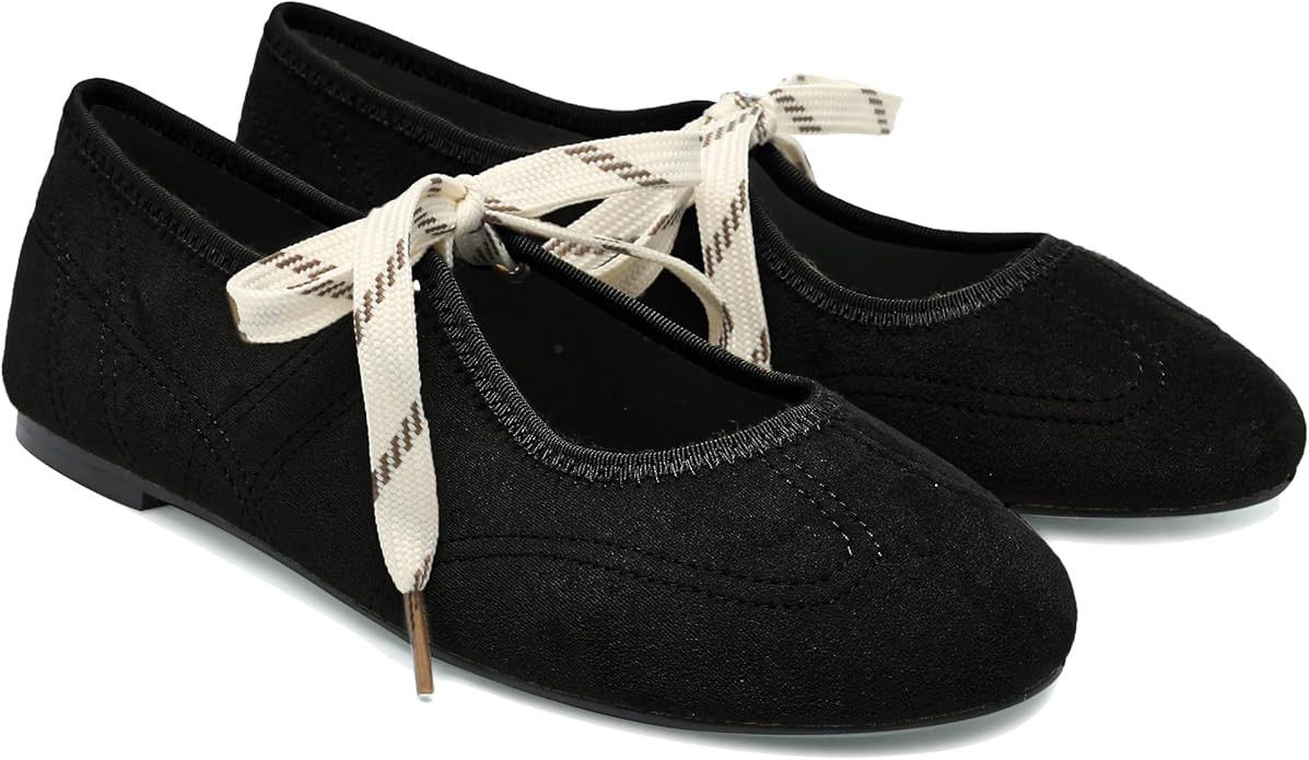 Lace up Round Toe Ballet Flats for Women Cute Slip on Soft Mary Jane Flats Casual Ballerina Shoes | Amazon (US)