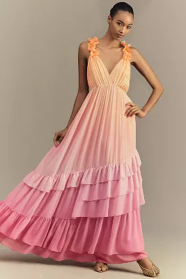 BHLDN Alivia V-Neck Ruffle Ombre Maxi Dress | Anthropologie (US)