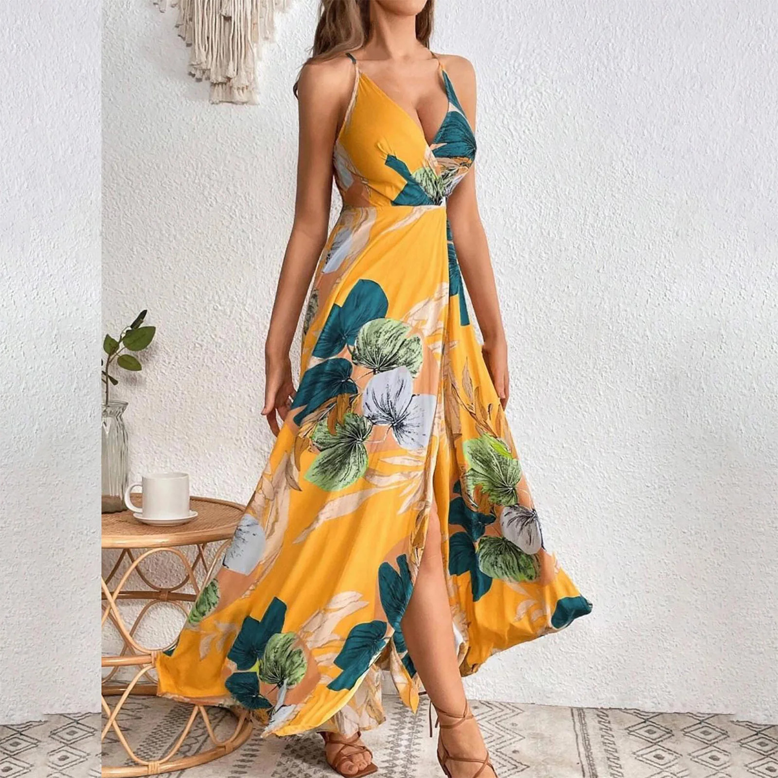 GYEDTR Womens Summer Dress Hawaiian Maxi Dresses Holiday Dresses For Women Floral Print V Neck Si... | Walmart (US)