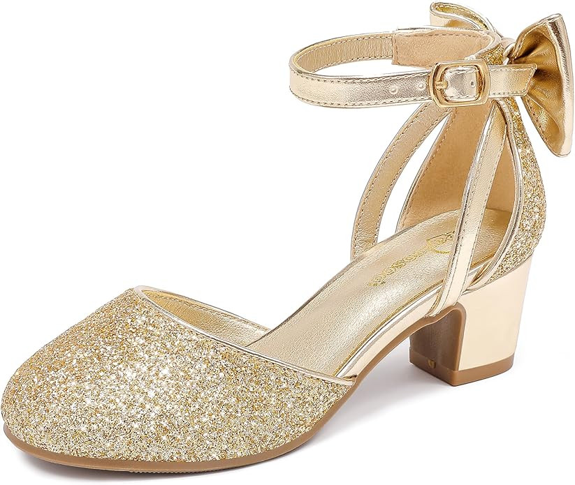 Girls Heels Dress Shoes Flower Girl Pumps with Cute Bow Closed Toe High Heels Adjustable Buckles ... | Amazon (US)