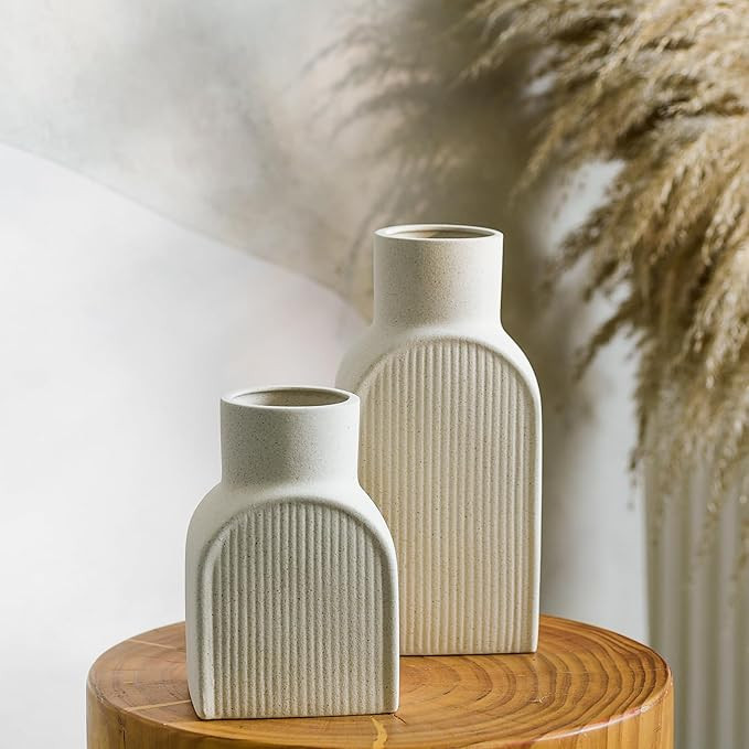 JemKelly Nordic vase 2 Piece Set,Small and Large Ribbed Ceramic Vase,Beige Vase Set of,for Neutra... | Amazon (US)