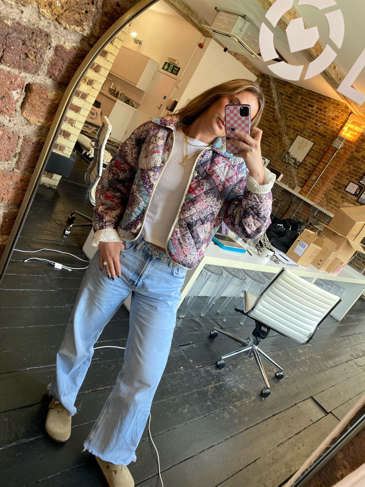 Casual workwear, office outfit, asos patchwork quilted jacket, brandy, Birkenstock Boston clogs, wide leg jeans, London fashion, laidback look, transitional look, work 

#LTKstyletip #LTKeurope #LTKworkwear