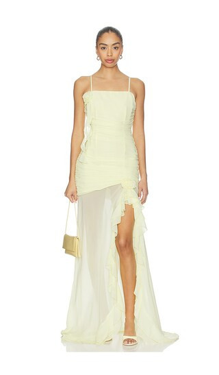 Runaway The Label Eziya Ruched Frill Trim Maxi Dress in Lemon. - size M | Revolve Clothing (Global)