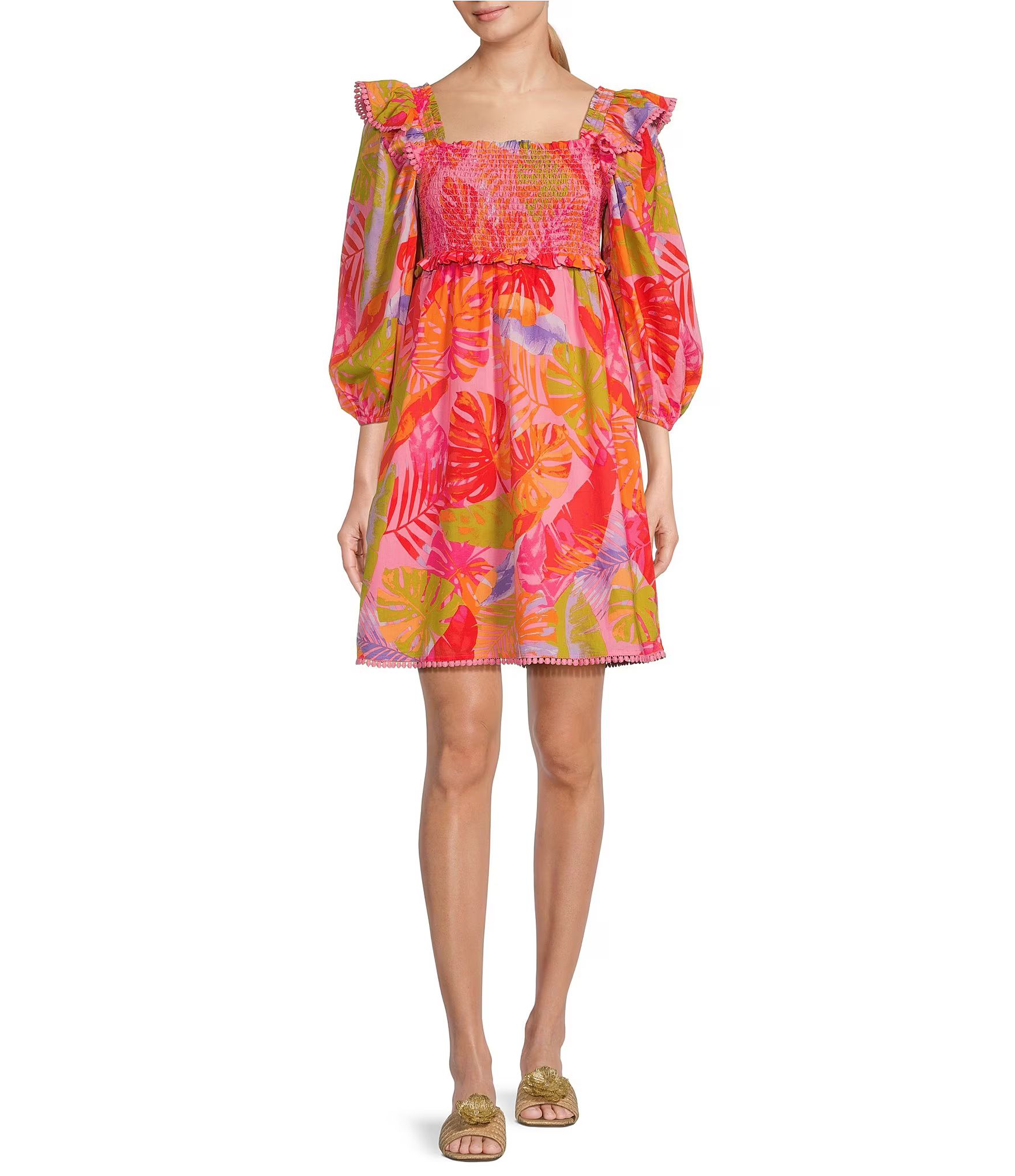 J.Marie Eden Ruched Square Neck Shoulder Trim Pocketed 3/4 Sleeve A-line Dress | Dillard's | Dillard's