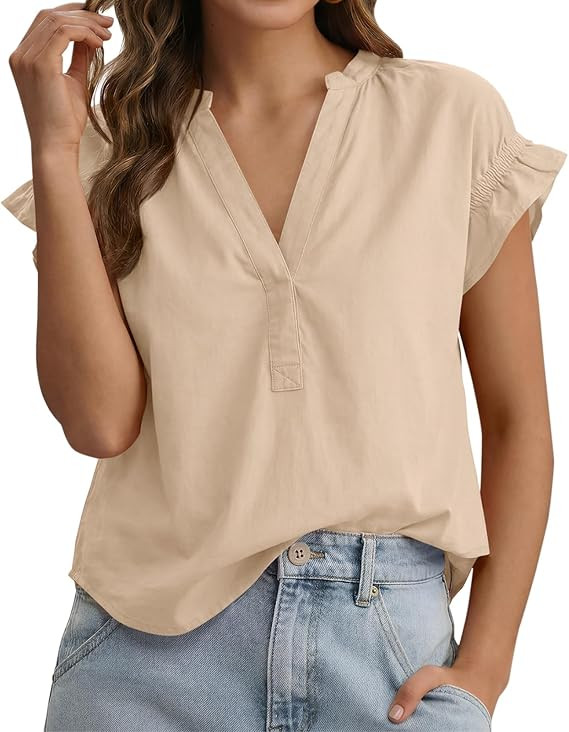 Tankaneo Womens Ruffle Cap Sleeve Tops Summer V Neck Cotton Blouse Dressy Casual Loose Fit Curved... | Amazon (US)